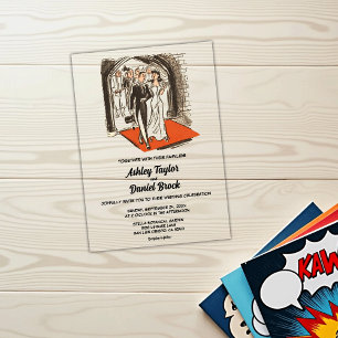 Vintage Retro Just Married Couple Comic Wedding Acrylic Invitations