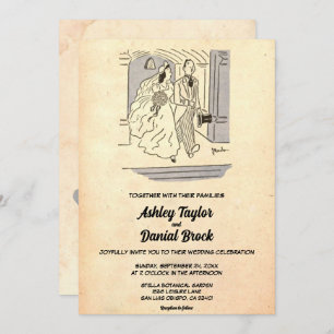Vintage Retro Just Married Couple Romantic Wedding Invitation