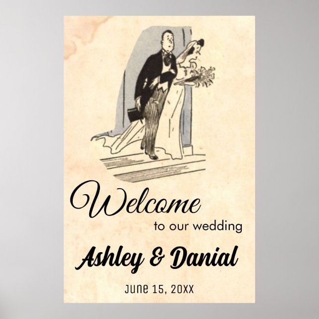 Vintage Retro Just Married Couple Welcome Wedding Poster (Front)