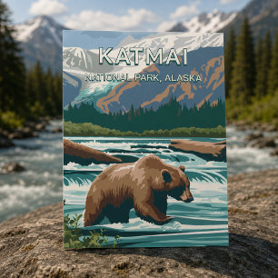 Vintage Retro Katmai National Park Alaska Bear Postcard