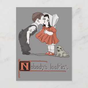 Vintage Retro Kissing Kids with Puppy Postcard