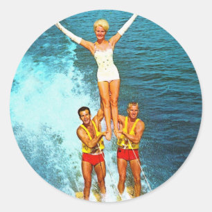 Vintage Retro Kitsch Women Dells Water Skiers Classic Round Sticker