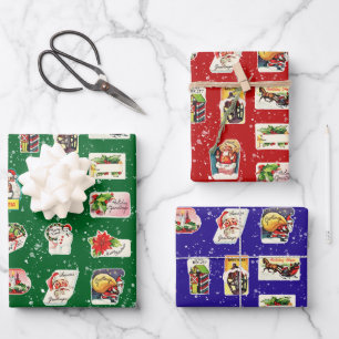 Vintage Retro Kitschy Christmas Stickers 3 Colour Wrapping Paper Sheet