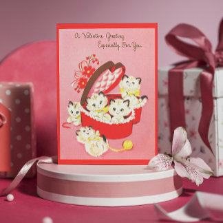 Vintage Retro Kitten 50s Sweet Pink Valentine Holiday Card