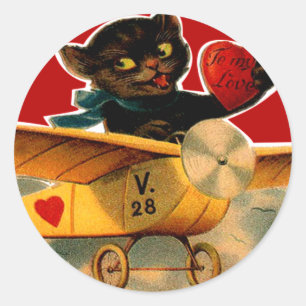 Vintage Retro Kitten In Aeroplane Valentine Classic Round Sticker