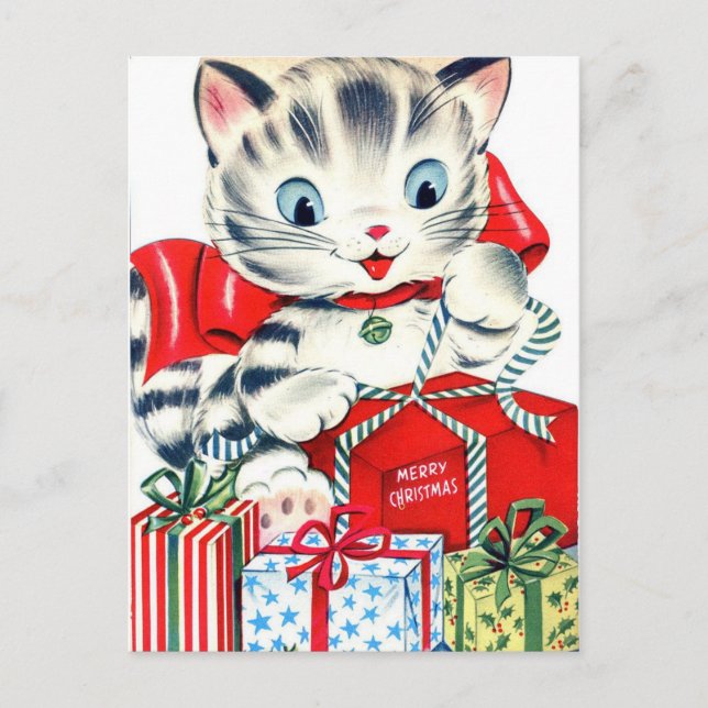 Vintage Retro Kitty Holiday Card (Front)