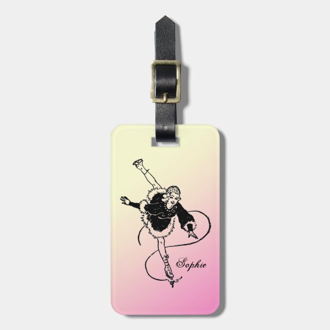 Vintage Retro Lady Figure Skating Personalised Luggage Tag (Front Vertical)
