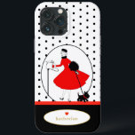 Vintage Retro Lady Scottie Dog iPhone 13 Pro Max Case<br><div class="desc">Features a vintage retro design of a stylish lady and her Scottie dog. Done in classic red and black,  accented with black polka dots on a white background and personalised with your name in gold colour text. Makes a great gift for birthday,  graduation,  holidays,  Christmas and more!</div>