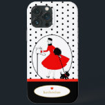 Vintage Retro Lady Scottie Dog iPhone 13 Pro Max Case<br><div class="desc">Features a vintage retro design of a stylish lady and her Scottie dog. Done in classic red and black,  accented with black polka dots on a white background and personalised with your name in gold colour text. Makes a great gift for birthday,  graduation,  holidays,  Christmas and more!</div>