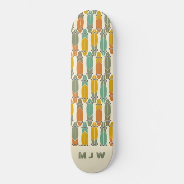Vintage Retro Longboards Pattern Monogrammed Skate Skateboard (Front)