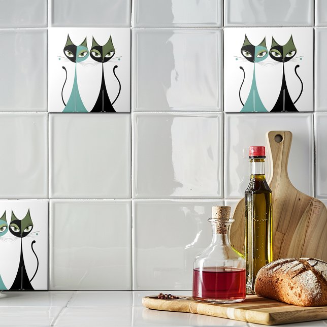 Vintage Retro MCM Cats Turquoise Black Green Tile (Creator Uploaded)