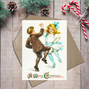 Vintage Retro Merry Christmas Cute Kids Dancing Postcard