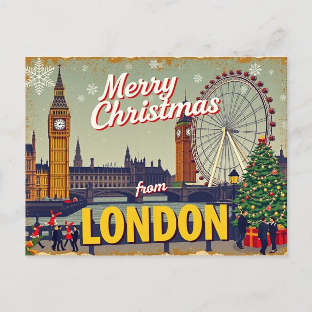 Vintage Retro Merry Christmas from London Holiday Postcard (Front)