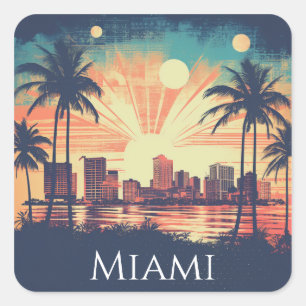 Vintage Retro Miami Florida Sunrise Travel Square Sticker