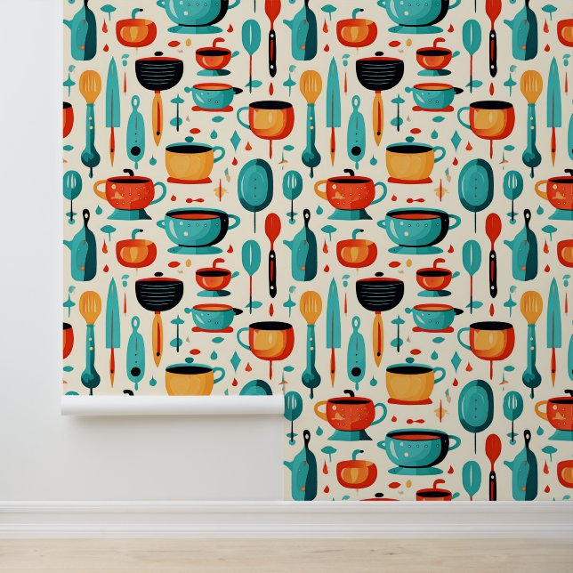 Vintage Retro Mid-Century Kitchen Collage Wallpaper (Application)