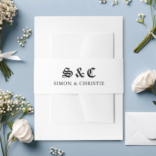Vintage Retro Minimalist Black And White Wedding Invitation Belly Band