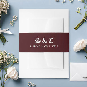 Vintage Retro Minimalist Burgundy Wedding Invitation Belly Band