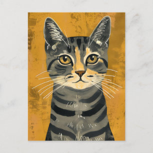 Vintage Retro Minimalist Tabby Cat Portrait Announcement Postcard