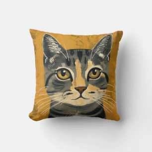 Vintage Retro Minimalist Tabby Cat Portrait Cushion