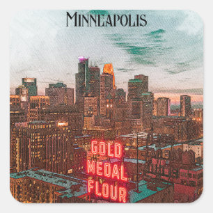 Vintage Retro Minneapolis Minnesota Travel Skyline Square Sticker