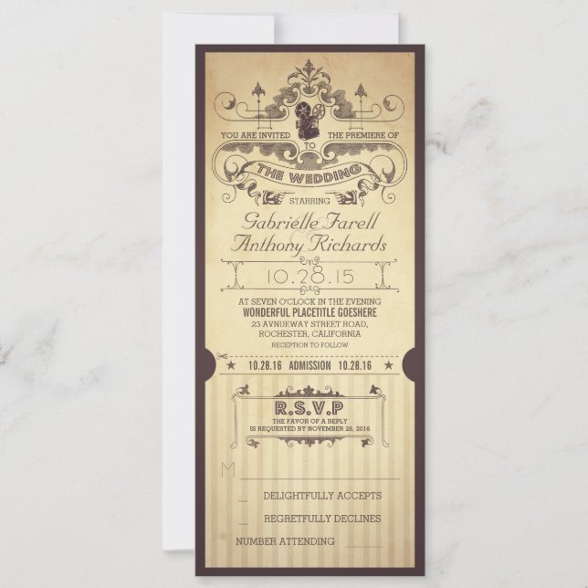 Vintage retro movie tickets wedding invitations (Front)