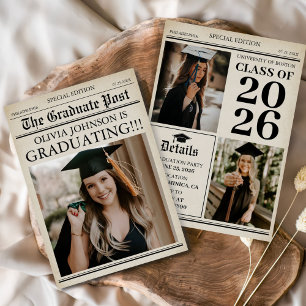 Vintage Retro Newspaper 3 Photos Graduation Invitation