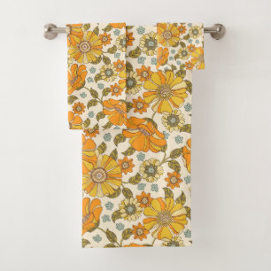 Vintage Retro Orange Floral Pattern Bath Towel Set