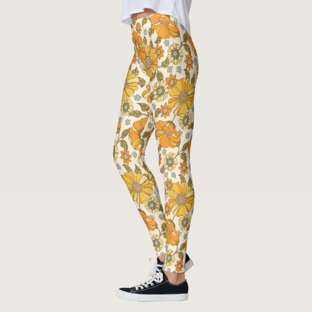 Vintage Retro Orange Floral Pattern Leggings (Left)