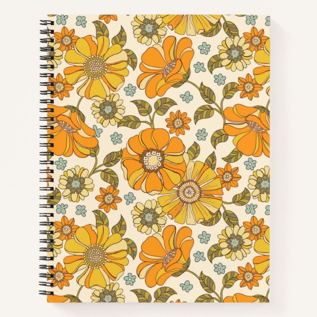 Vintage Retro Orange Floral Pattern Notebook (Front)