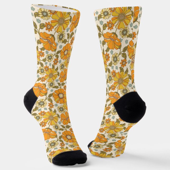 Vintage Retro Orange Floral Pattern Socks (Angled)