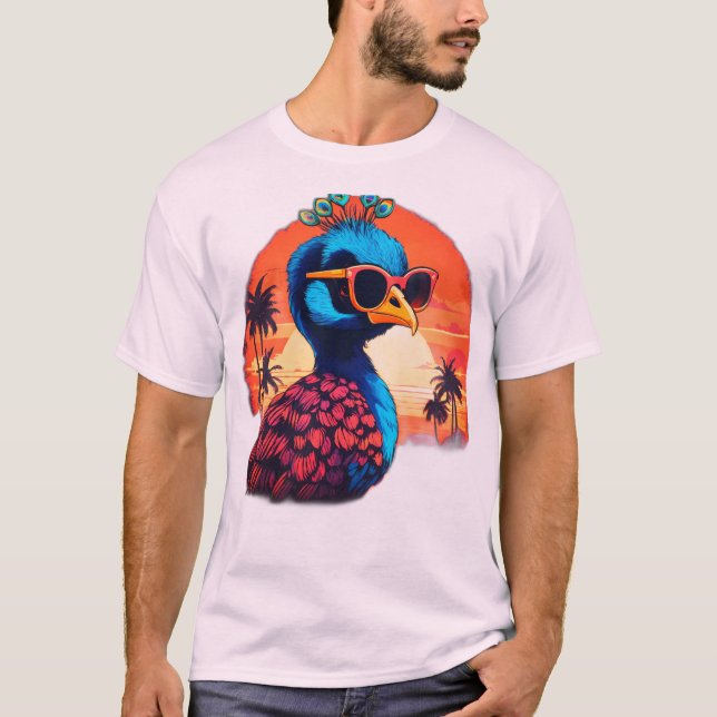 Vintage Retro Peacock T-Shirt Design: Sunset Distr (Front)