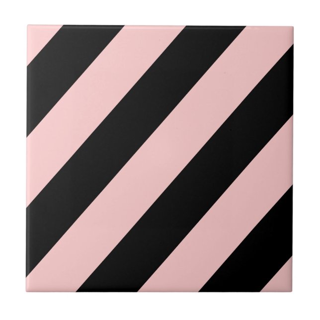 Vintage Retro Pink & Black Diagonal Stripe Tile (Front)