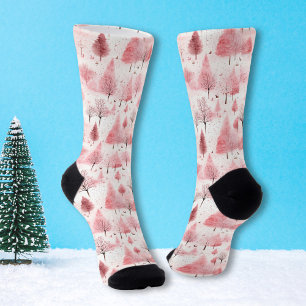 Vintage Retro Pink Christmas Tree Holiday Socks