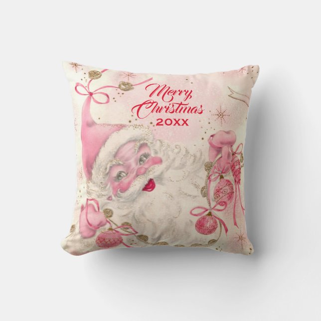 Vintage Retro Pink Santa Clause Christmas Holiday  Cushion (Front)