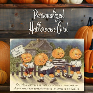 Vintage Retro Pumpkin-Head Kids Custom Halloween Holiday Card
