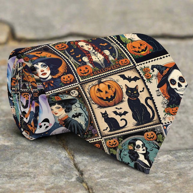 Vintage Retro Pumpkin Witch Halloween Pattern Tie (Creator Uploaded)