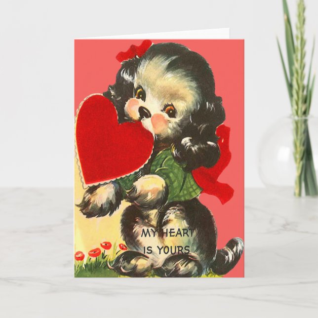 Vintage Retro Puppy With Heart Valentine Card (Front)
