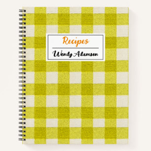 Vintage Retro Recipe Book. Yellow Gingham Plaid Notebook