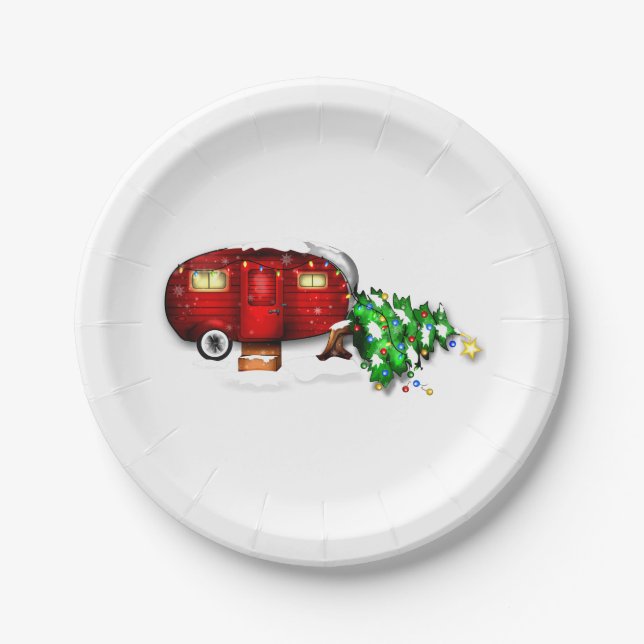 Vintage Retro Red Camper Christmas Paper Plates (Front)