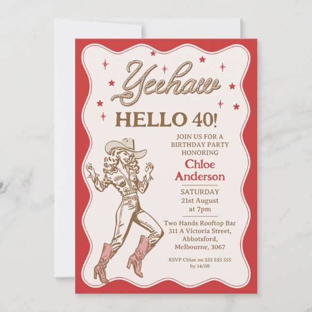 Vintage Retro Red Cheetah Cowgirl 40th Birthday  Invitation (Front)