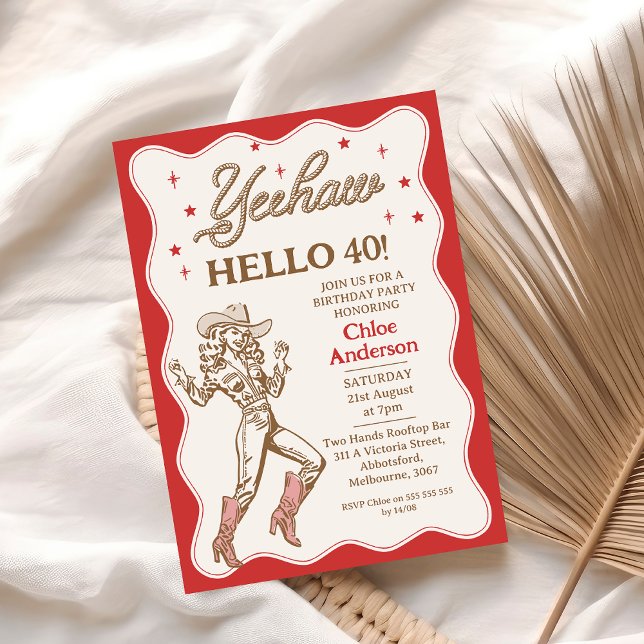 Vintage Retro Red Yeehaw Cowgirl 40th Birthday  Invitation (Creator Uploaded)