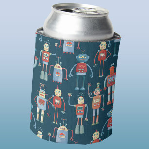 Vintage Retro Robot Pattern Dark Can Cooler