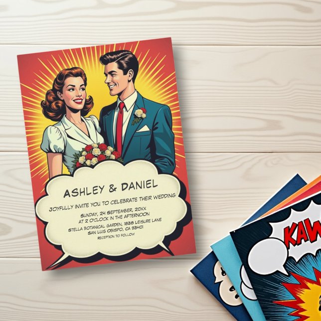 Vintage Retro Romantic Couple Comic Style Wedding Invitation (Creator Uploaded)