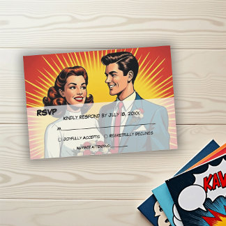 Vintage Retro Romantic Couple Comic Style Wedding RSVP Card