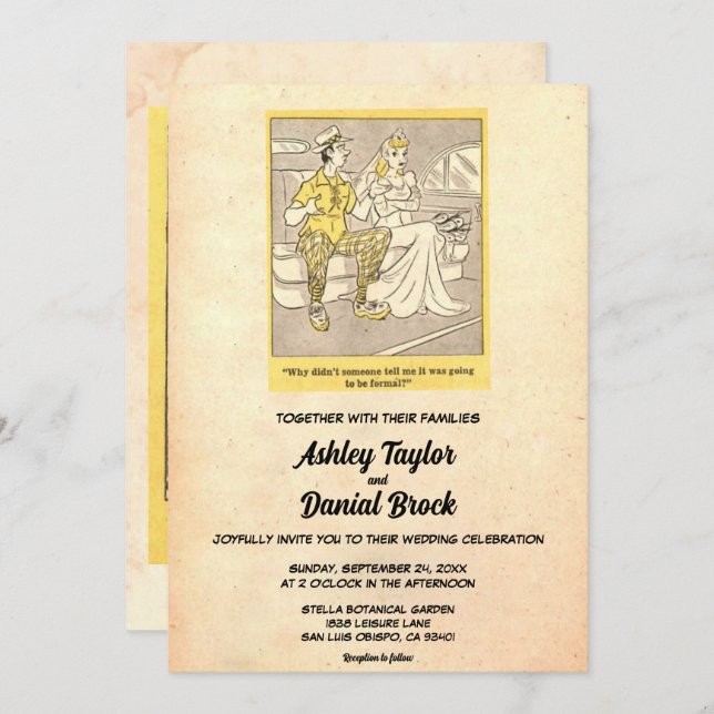 Vintage Retro Rustic Funny Couple Comic Wedding Invitation (Front/Back)