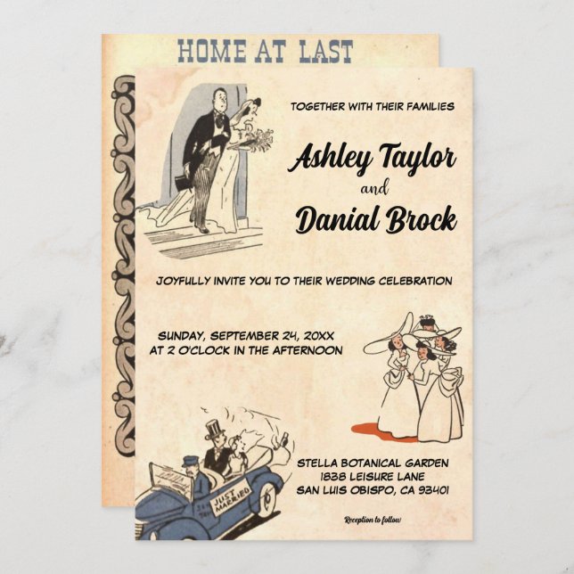 Vintage Retro Rustic Old Romantic Comic Wedding Invitation (Front/Back)