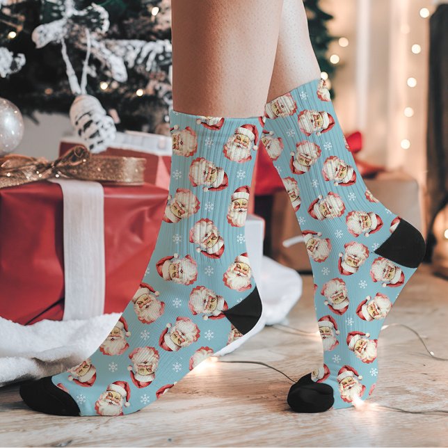 Vintage Retro Santa Claus Blue Christmas Pattern Socks (Creator Uploaded)