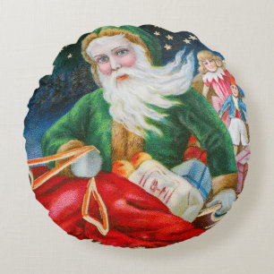 Vintage Retro Santa Claus Christmas Postcard Round Cushion