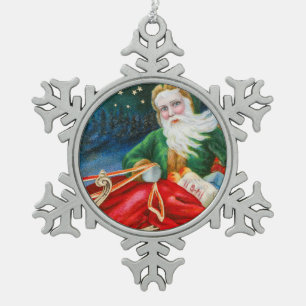 Vintage Retro Santa Claus Christmas Postcard Snowflake Pewter Christmas Ornament