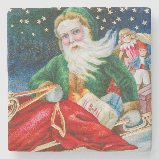 Vintage Retro Santa Claus Christmas Postcard Stone Coaster (Front)